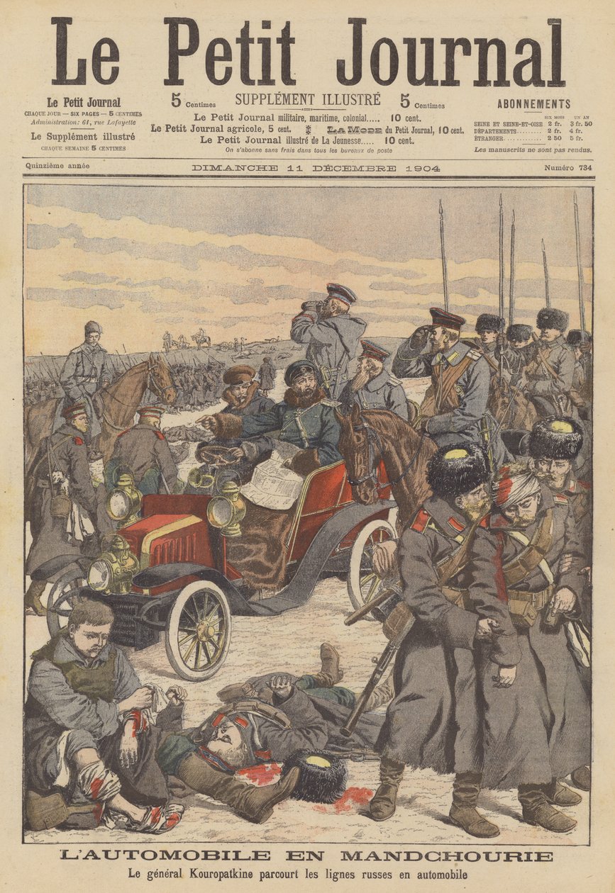 O General Kuropatkin a utilizar um automóvel para percorrer as linhas russas na Manchúria durante a Guerra Russo-Japonesa (litografia a cores) de French School