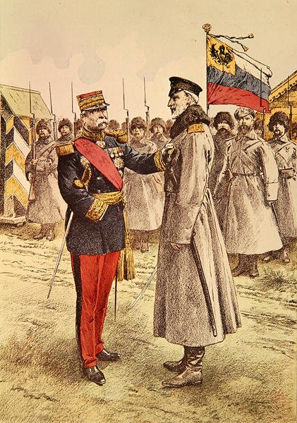 O general Pau dá uma condecoração francesa ao comandante-chefe russo, o grão-duque Nicholas de French School