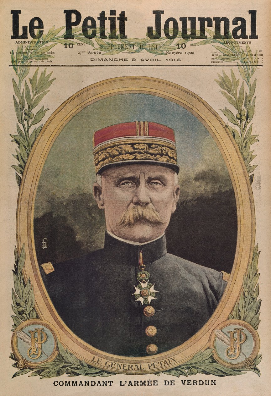 General Petain comandando o exército de Verdun, ilustração da capa do Le Petit Journal, suplemento ilustrado, 9 de abril de 1916 de French School