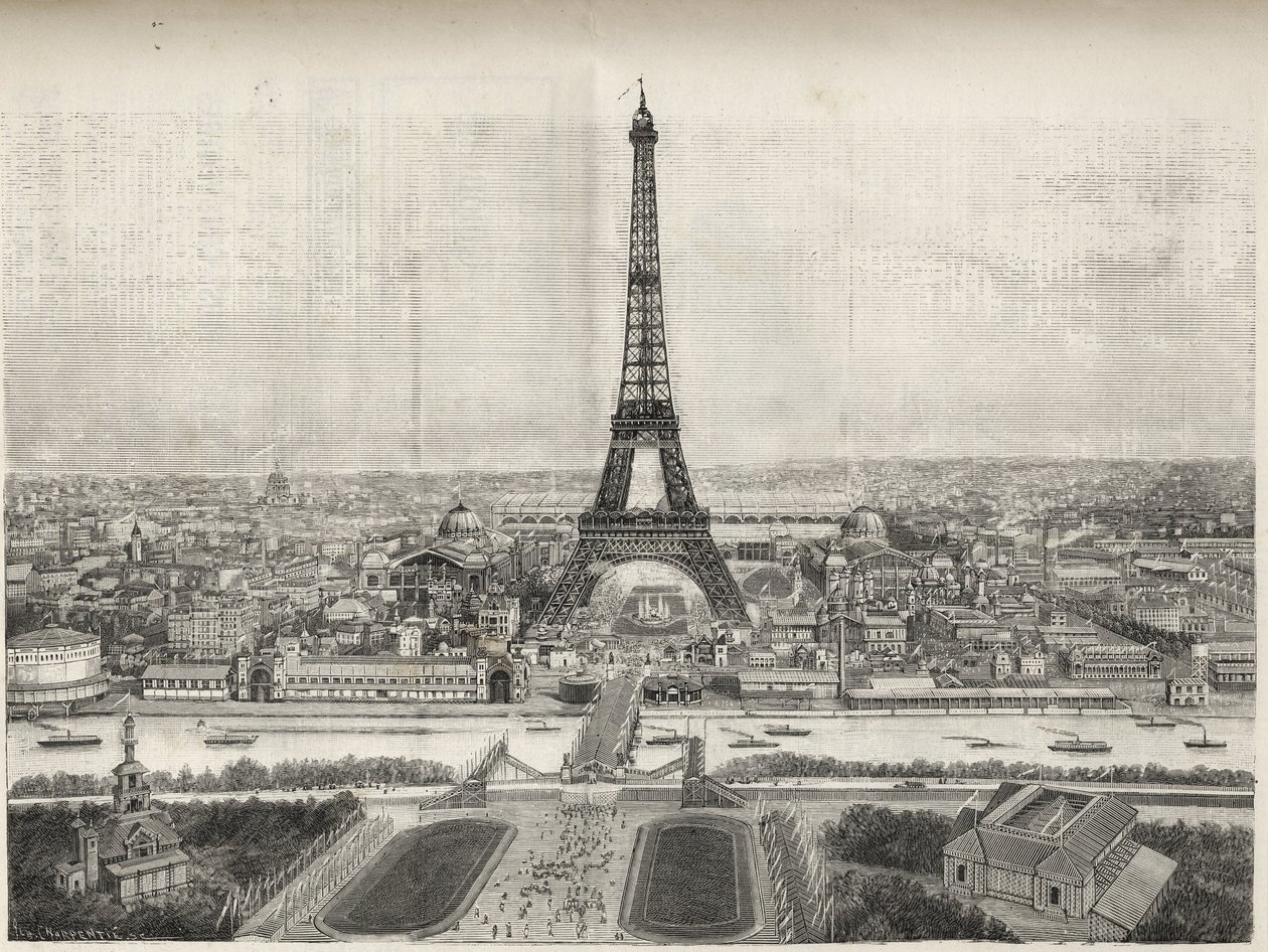 Vista Geral da Feira Mundial de Paris em 1889 com a Torre Eiffel de Trocadero, gravura - Vista Geral da Feira Mundial de Paris em 1889 com a Torre Eiffel, gravura no Le Monde ilustre de 1889 de French School