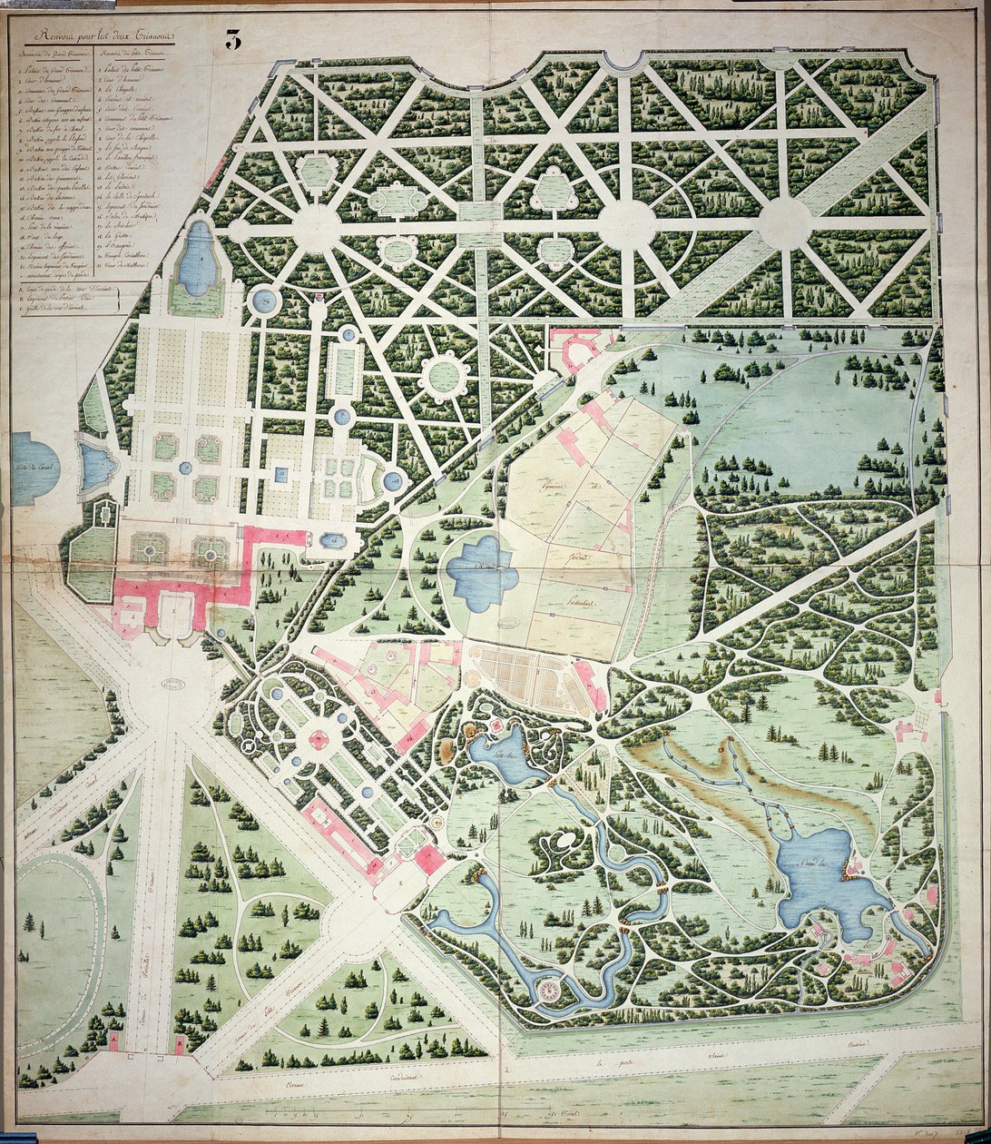 Planta geral dos parques dos dois Palácios Trianon, Versalhes, início do século XIX (caneta e tinta e wc sobre papel) de French School