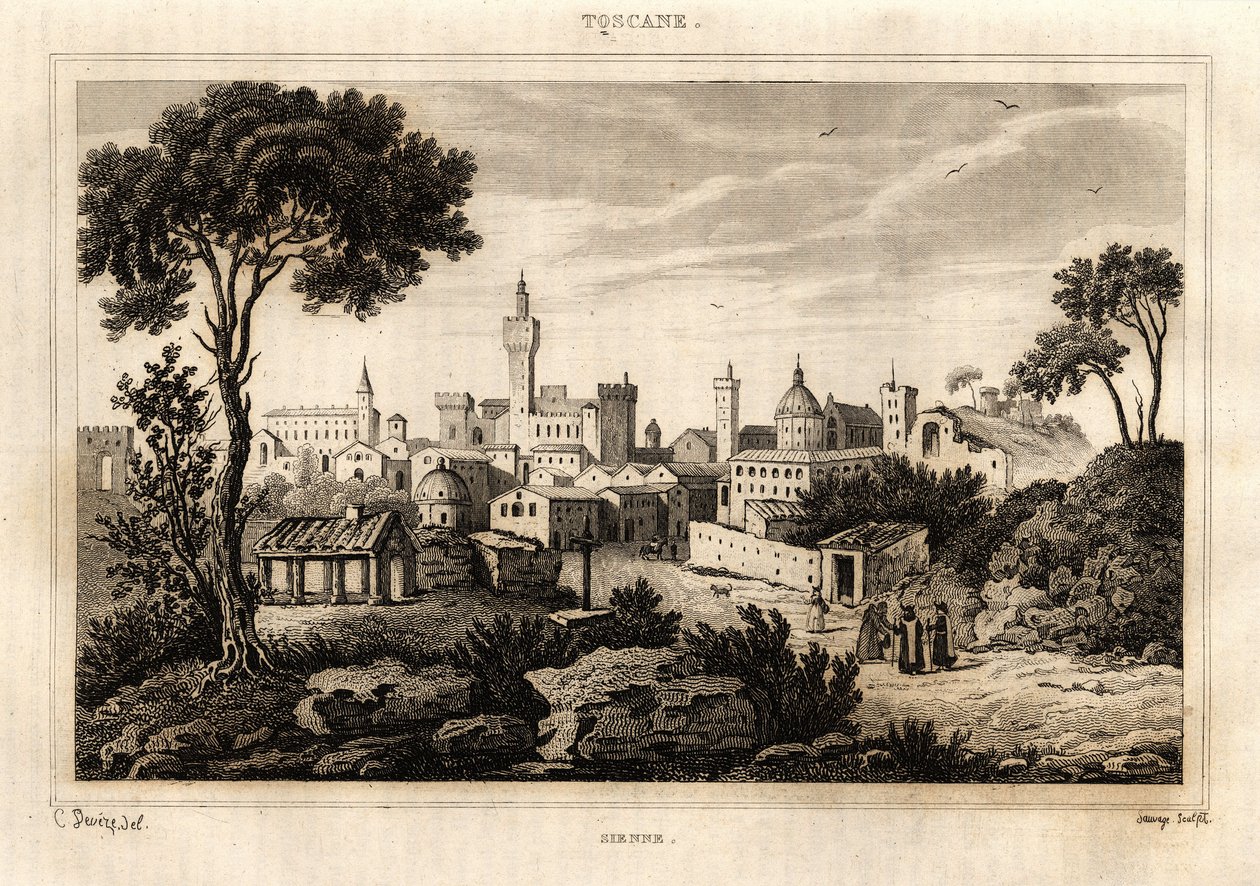 Vista geral de Siena (Siena) na Toscana, gravura de C. Deveze em "Itália pitoresca", editora Amable Coste de French School