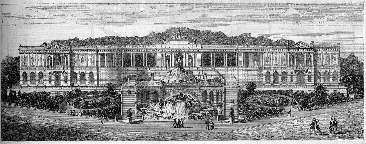 Vista geral do Palais de Longchamp em Marselha, Bouches du Rhone (13), como tinha sido imaginado por Frederic Auguste Bartholdi (1834-1904) em 1859. Gravura em "Le Monde Illustré" n°681 de 30 de Abril de French School