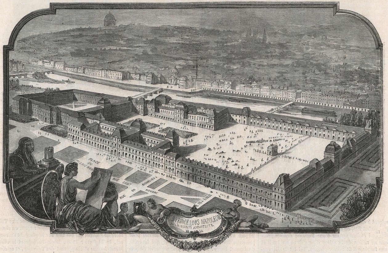 Vista geral do Palais du Louvre e das Tuileries em 1852 - Gravação em "Tableau-de-Paris" de Edmond Texier 1852 de French School