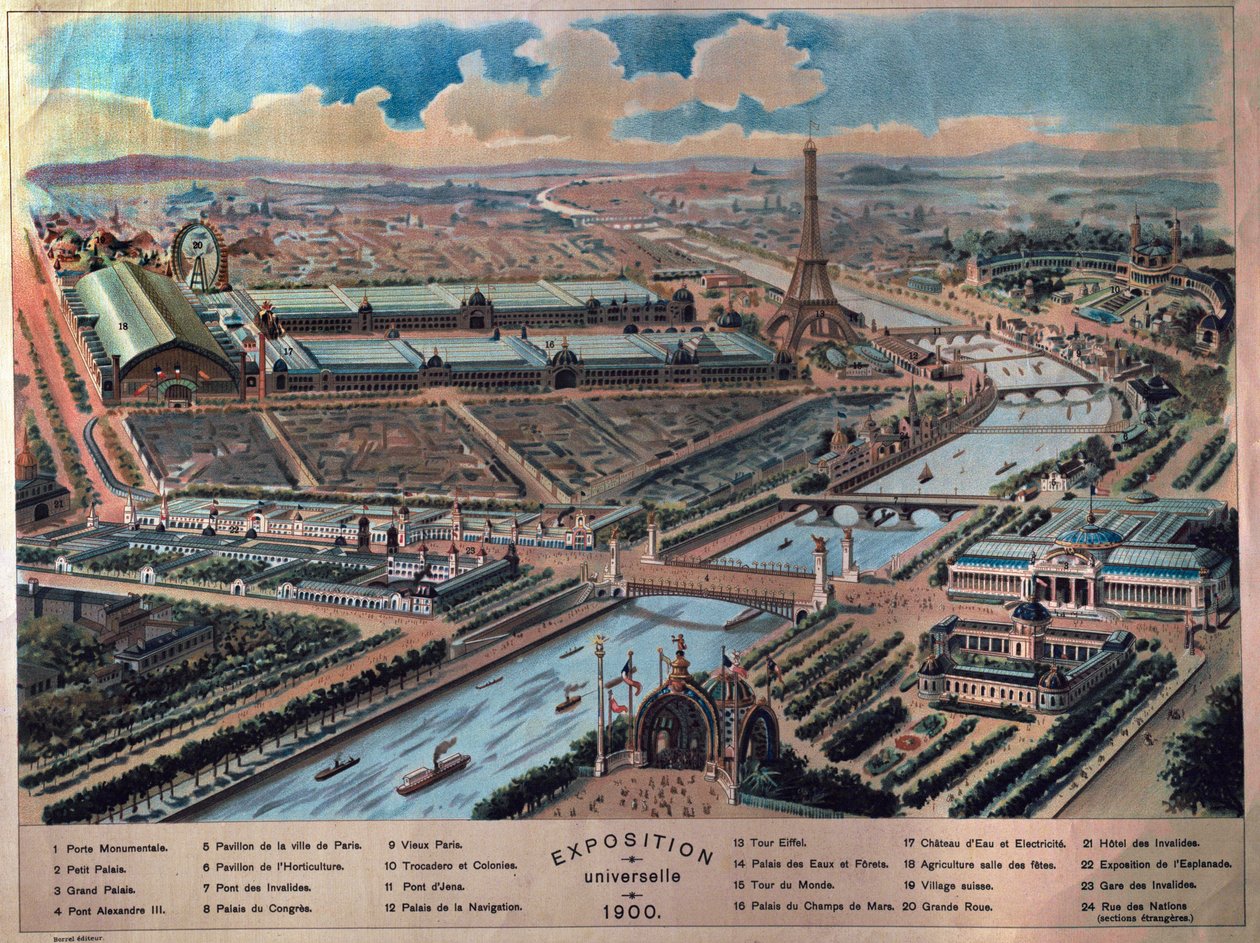 Vista geral da Exposição Universal de Paris. Gravura de 1900. Carnaval de Musavalet. de French School