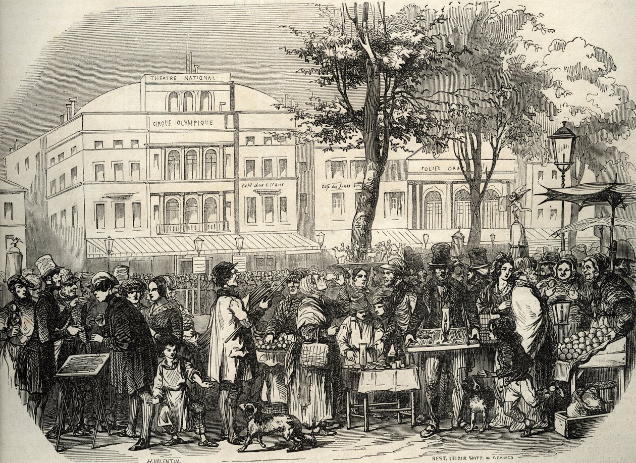 Vista geral do boulevard du Temple em Paris - vendedores ambulantes - Paris - Vue générale du boulevard du Temple - Mercadores ambulantes - Gravação em "Tableau-de-Paris" de Edmond Texier 1852 de French School