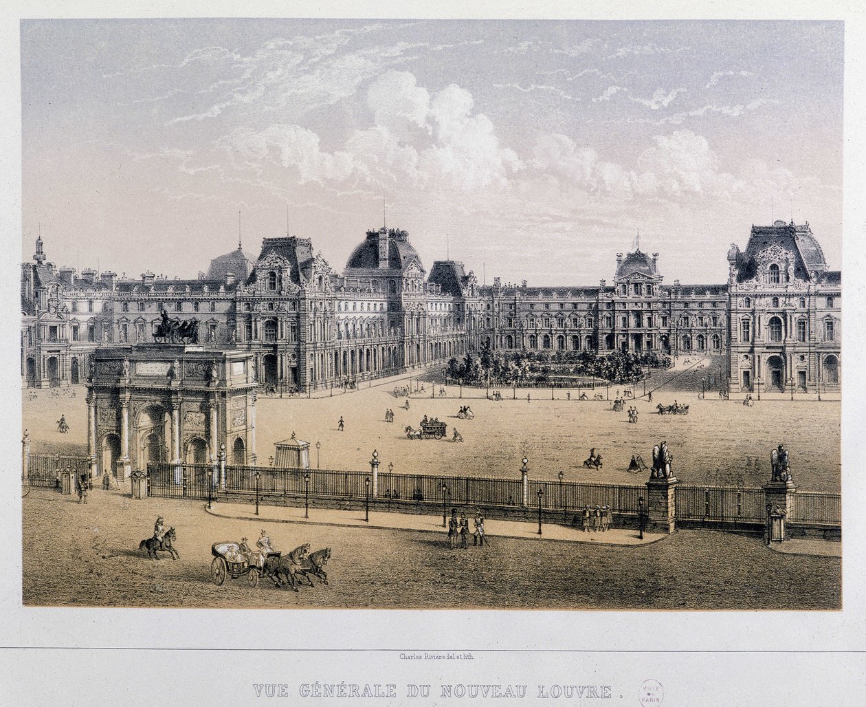 Vista geral do novo Louvre: Arco do Carrossel - Gravura do século XIX. de French School