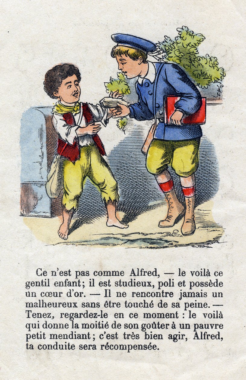 Generosite. Criança a dar metade do seu gosto a um mendigo. Alfabeto de meninos pequenos. O abecedário tem valor moral contendo exercícios de leitura. Imagens epinais do final do século XIX. de French School