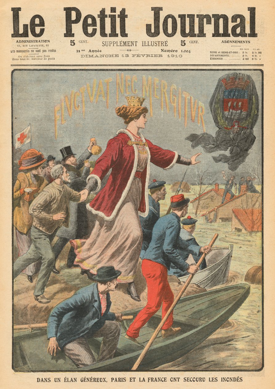 Generosidade da cidade de Paris e da França no resgate das vítimas das inundações, ilustração de &39;Le Petit Journal&39;, suplemento ilustre, 13 de fevereiro de 1910 de French School