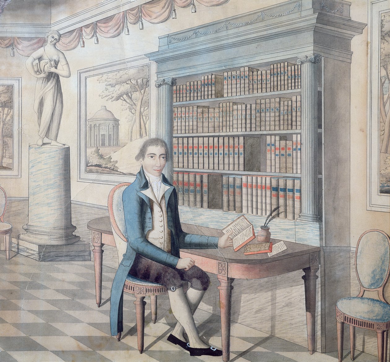 Cavalheiro lendo em sua biblioteca de French School