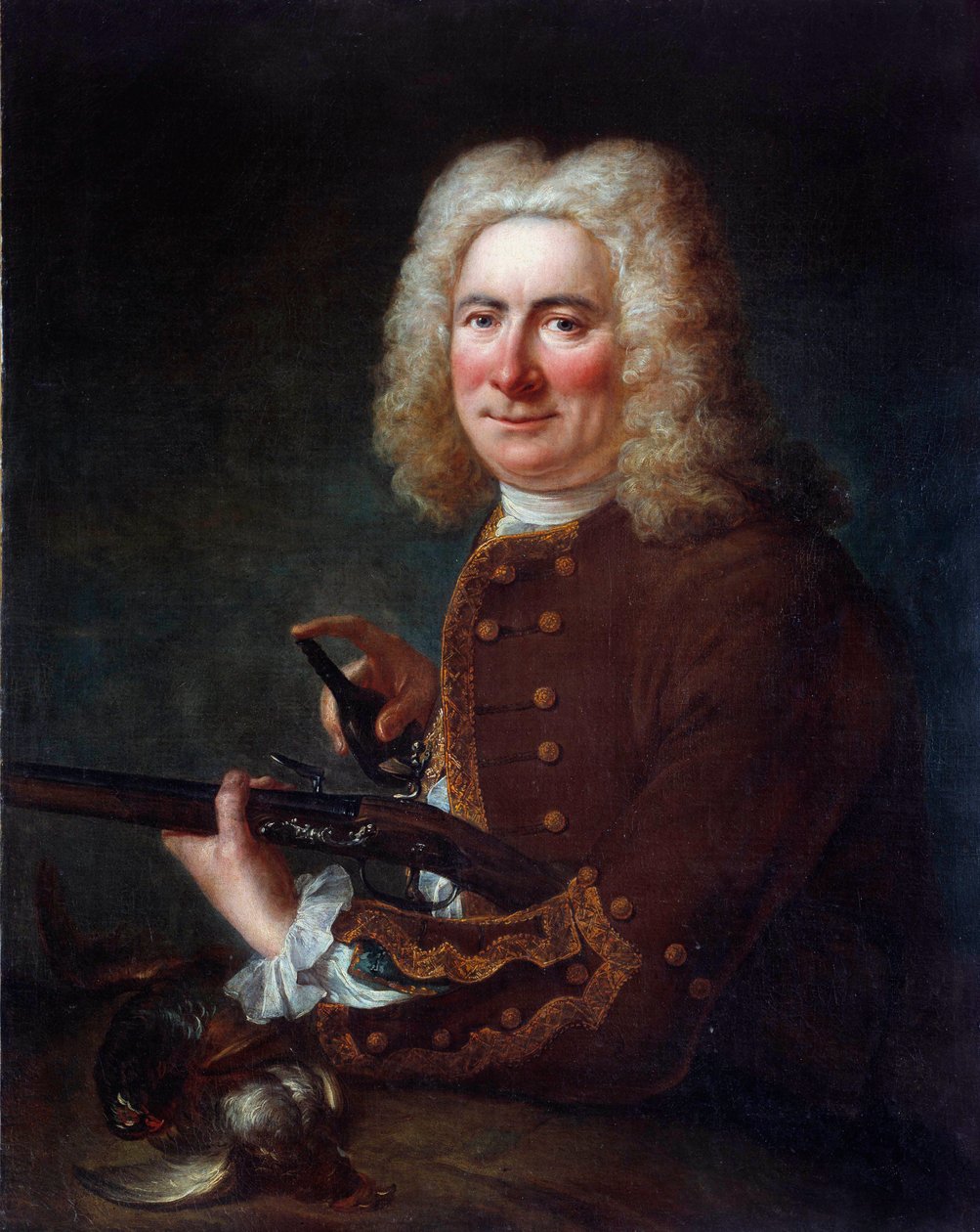 Um cavalheiro com uma espingarda de pedra. Pintura anónima do século XVIII. Gien, Musee de la chasse - Cavalheiro com uma arma de flintlock. Pintura anónima do século XVIII. Museu da Caça, Gien, França. de French School