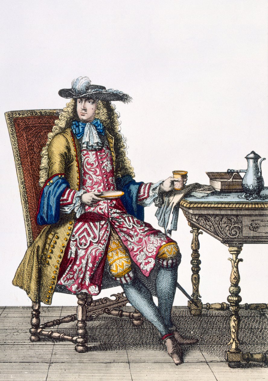Gentlemans Elaborate Outfit, 1760 88: Um gentlemans elaborado colete bordado, casaco e chapéu; 99: masculino; traje tradicional; vestido tradicional; moda; c18th; sentado; mesa; aba de French School