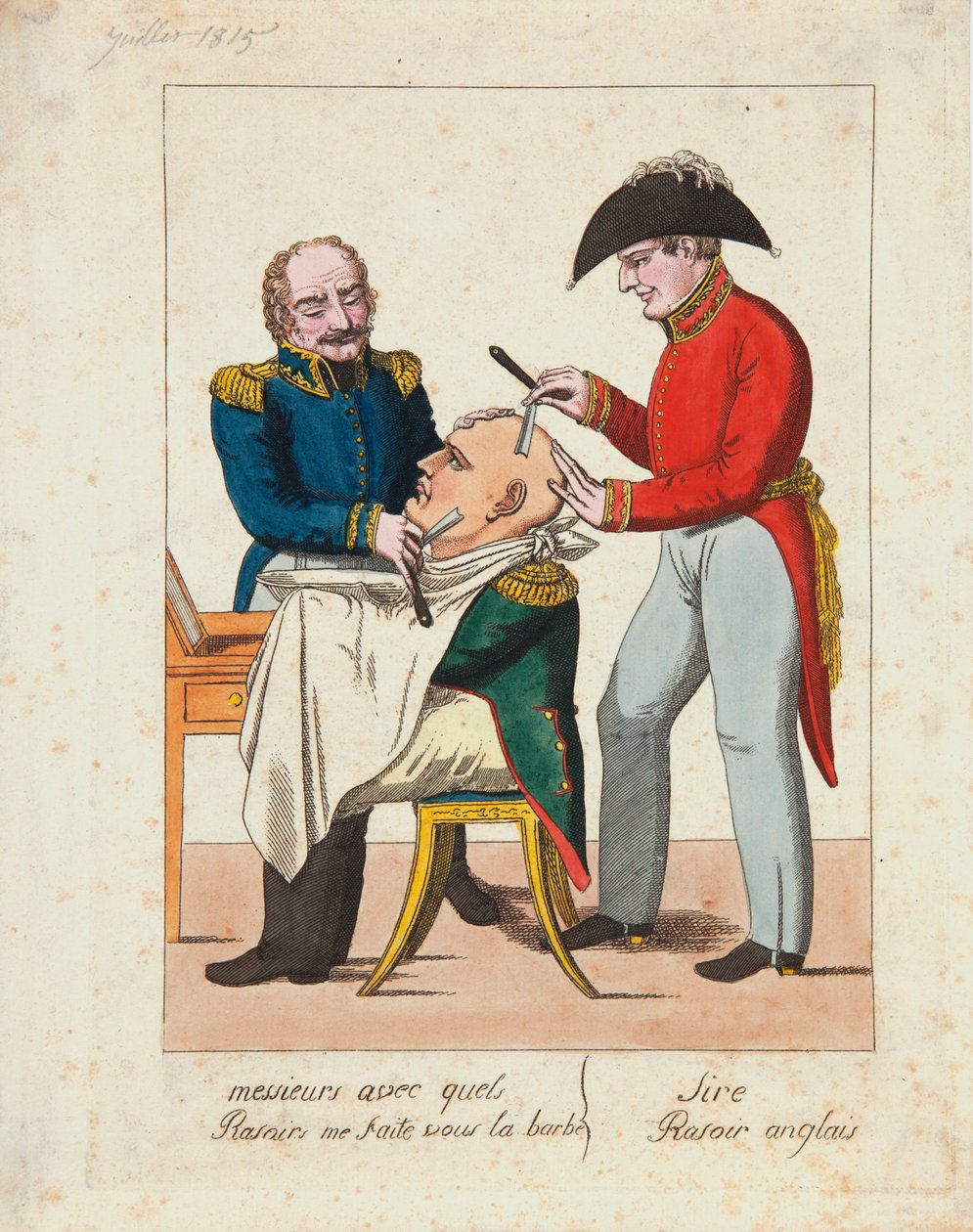 Cavalheiros, o que usam para rapar a minha barba? Barbeador inglês, senhor. de French School