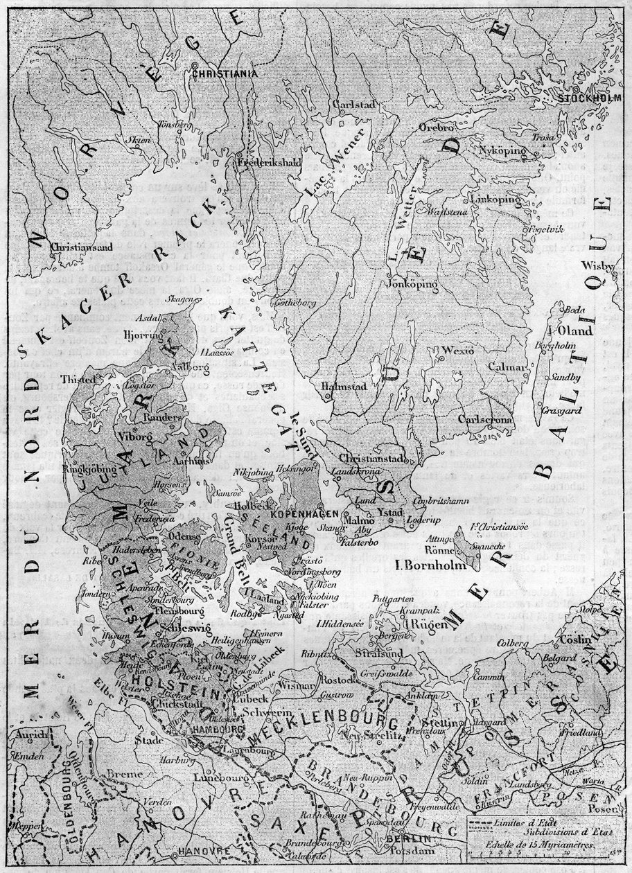 Mapa geográfico da Dinamarca em 1861, com os duques de Schleswig, Holstein e Lauenburg. Gravura em "Le Monde Illustré" n°200 de 9 de Fevereiro de 1861. de French School