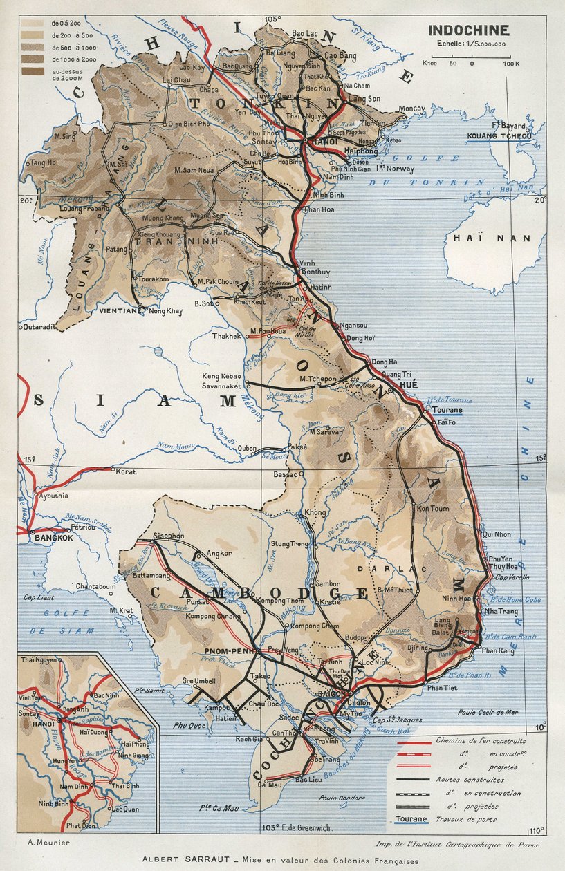 Mapa geográfico da Indochina. Em "La mise en valeur des colonies francaises", Albert Sarraut de French School