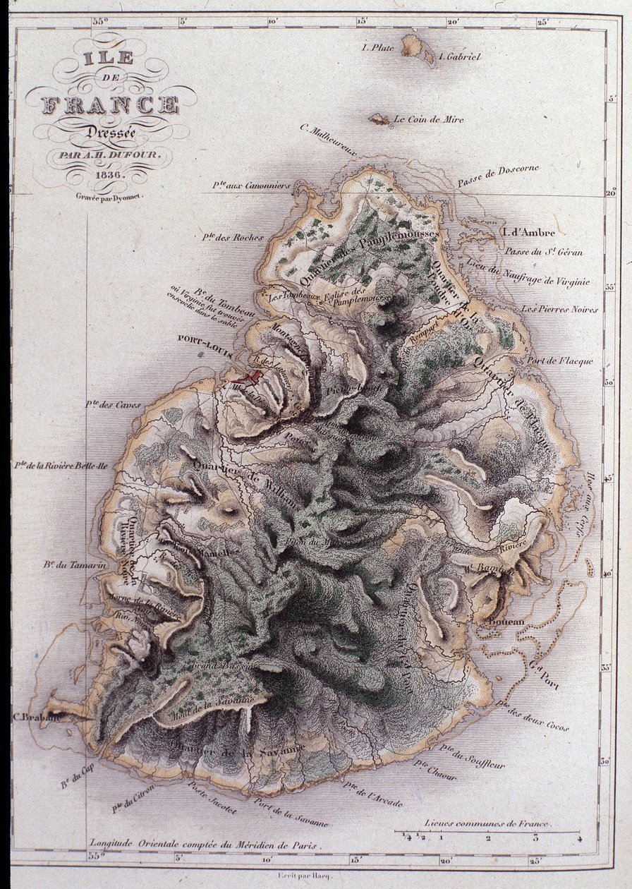 Mapa geográfico da Maurícia (Anc. Ile de France) - gravura de French School