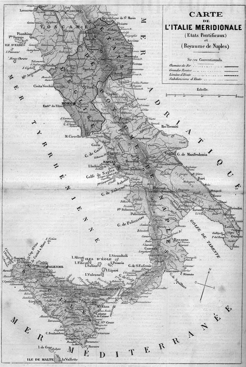Mapa geográfico da Itália Meridional em 1860: Estados Pontifícios e Reino de Nápoles. Gravura em "Le Monde Illustré" n°163 de 26 de Maio de 1860. de French School