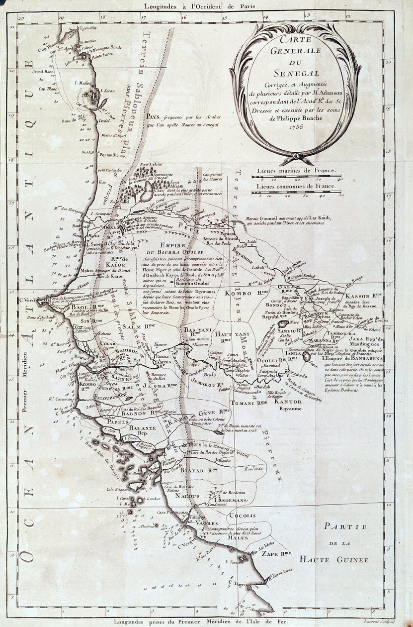 Mapa geográfico do Senegal a partir de um Atlas de Philippe Buache (1700-1773) 1756 Paris, museu de história natural de French School