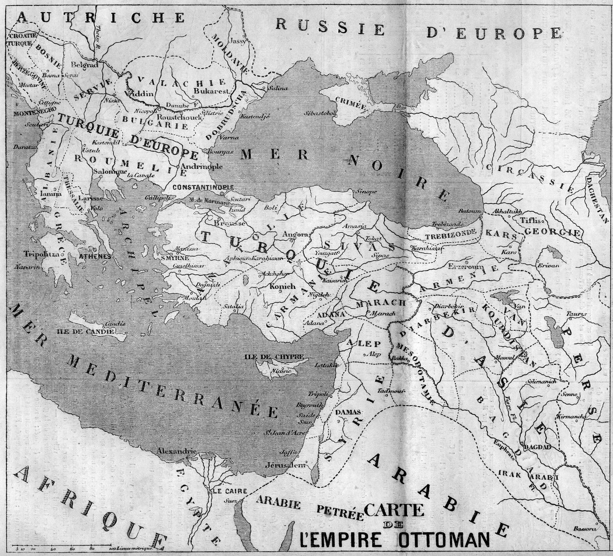 Mapa geográfico do Império Otomano em 1860. Gravura em "Le Monde Illustré" n°173 de 4 de Agosto de 1860. de French School