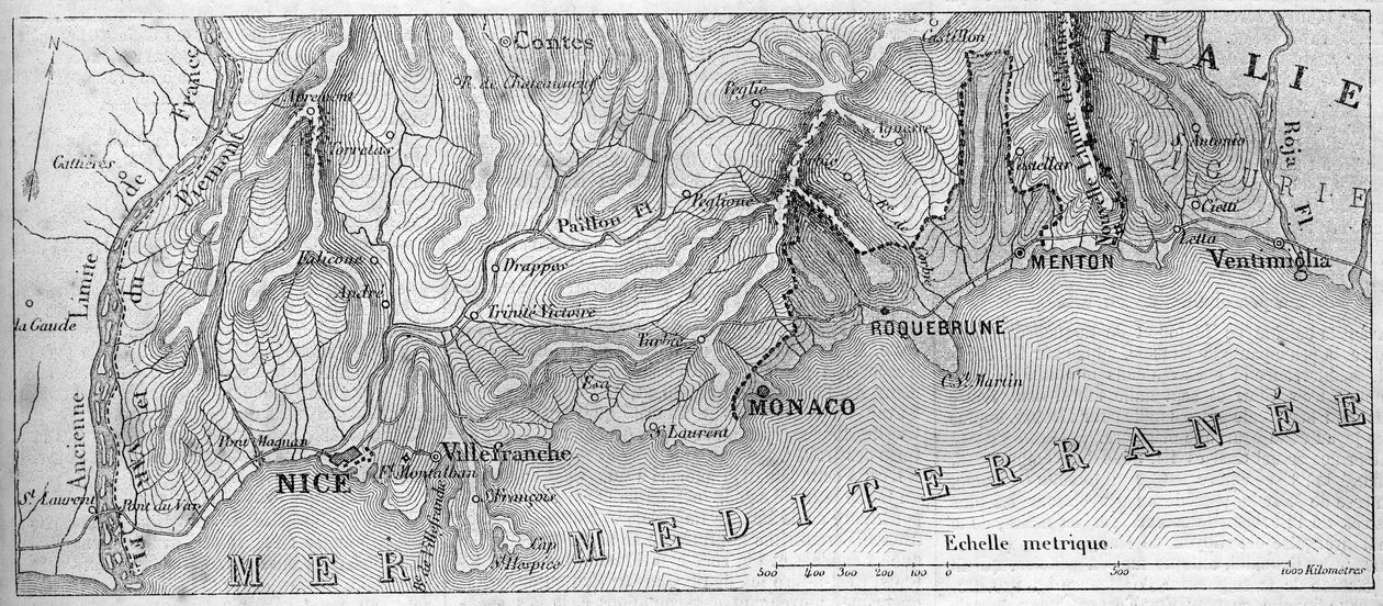 Mapa geográfico do Principaute de Monaco, em 1861, antes da adesão da cidade de Roquebrune e Menton à França. Gravura no "Le Monde Illustré" n°202 de 23 de Fevereiro de 1861. de French School