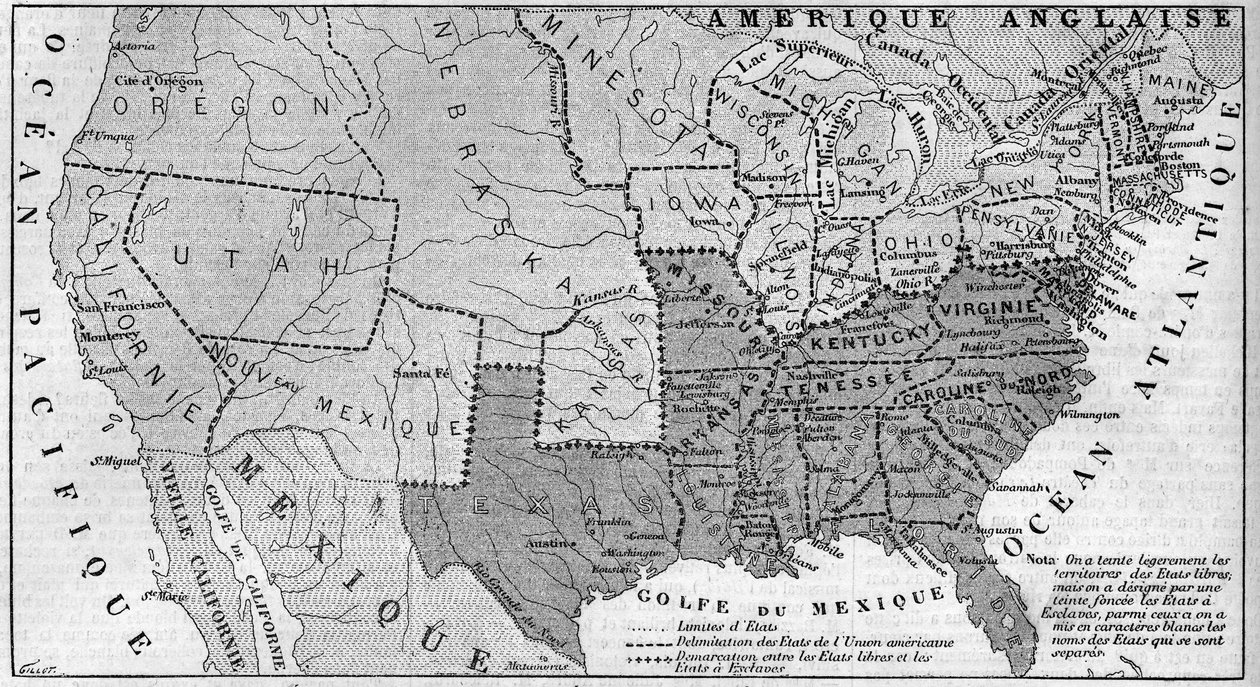 Mapa geográfico dos Estados Unidos da América em março de 1861. Os estados escravos estão representados na corrida. Escrito em branco, os nomes dos sete estados confederados que se separaram da União: Texas, Carolina do Sul, Mississippi, Flórida, Alabama,  de French School