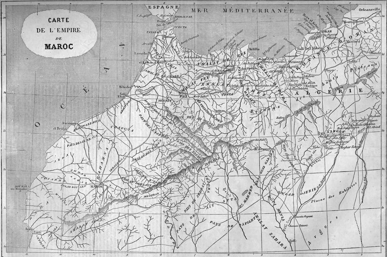 Mapa geográfico do império de Marrocos em 859. Gravura em "Le Monde Illustré" n°129 de 1 de Outubro de 1859. de French School