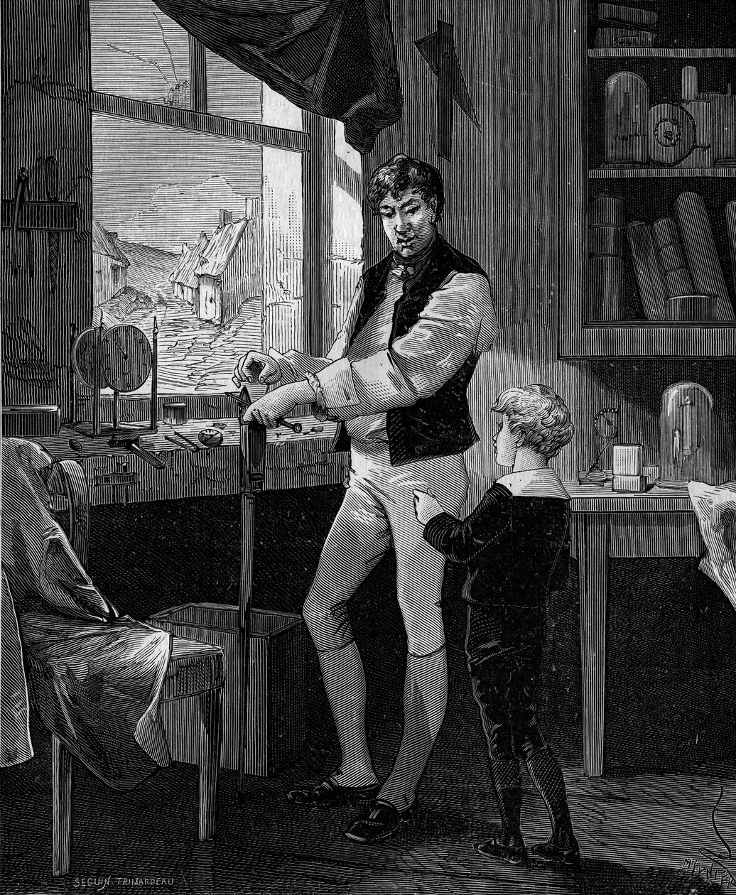 George Stephenson, engenheiro britânico (1781-1848) com seu filho. de French School