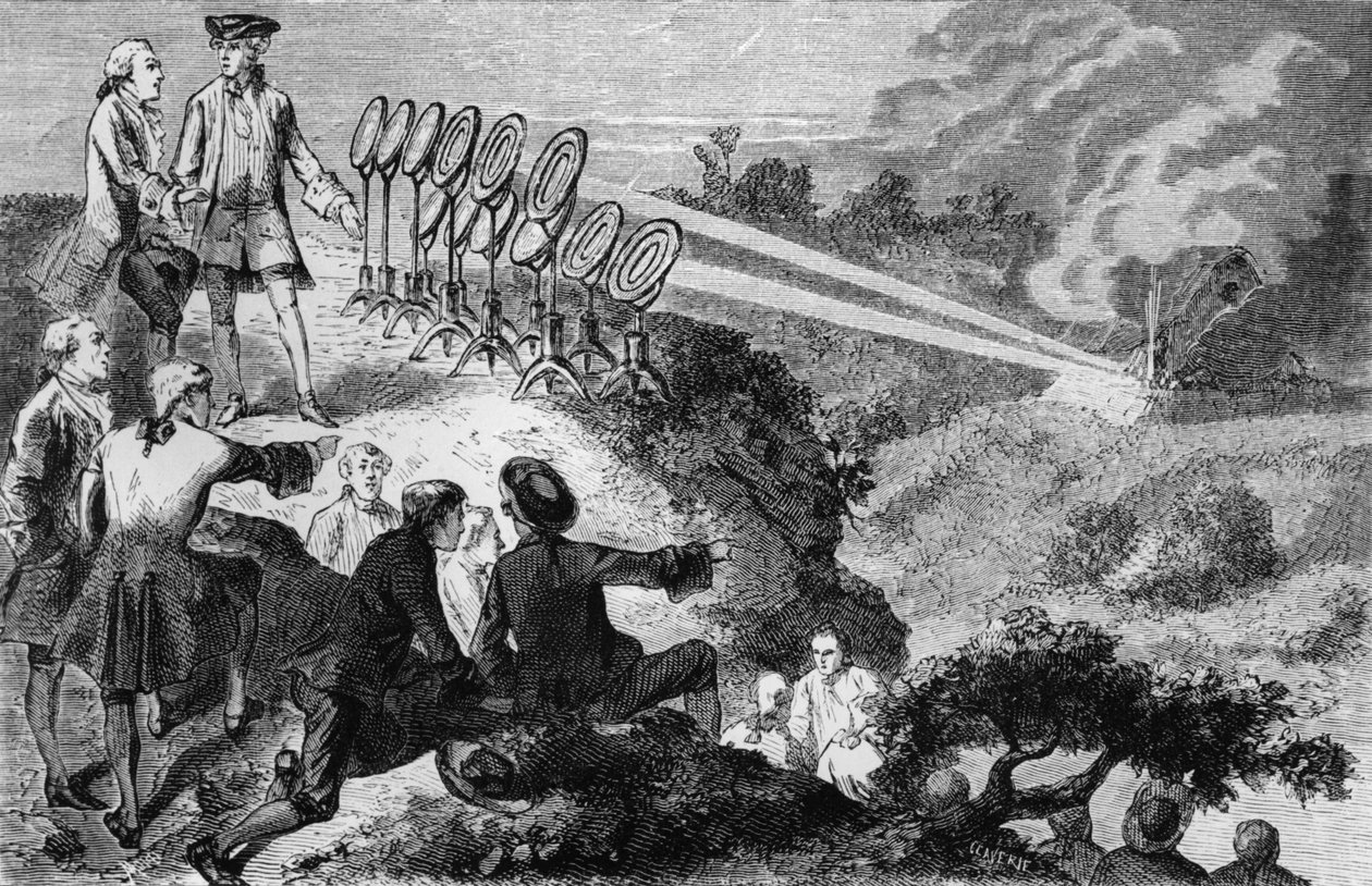 Georges-Louis Leclerc (1707-88) Conde de Buffon experimentando espelhos faiscantes em palheiros em Montbard, de La Vie des Savants Illustres, de Louis Figuier, publicado em Paris em 1872 de French School