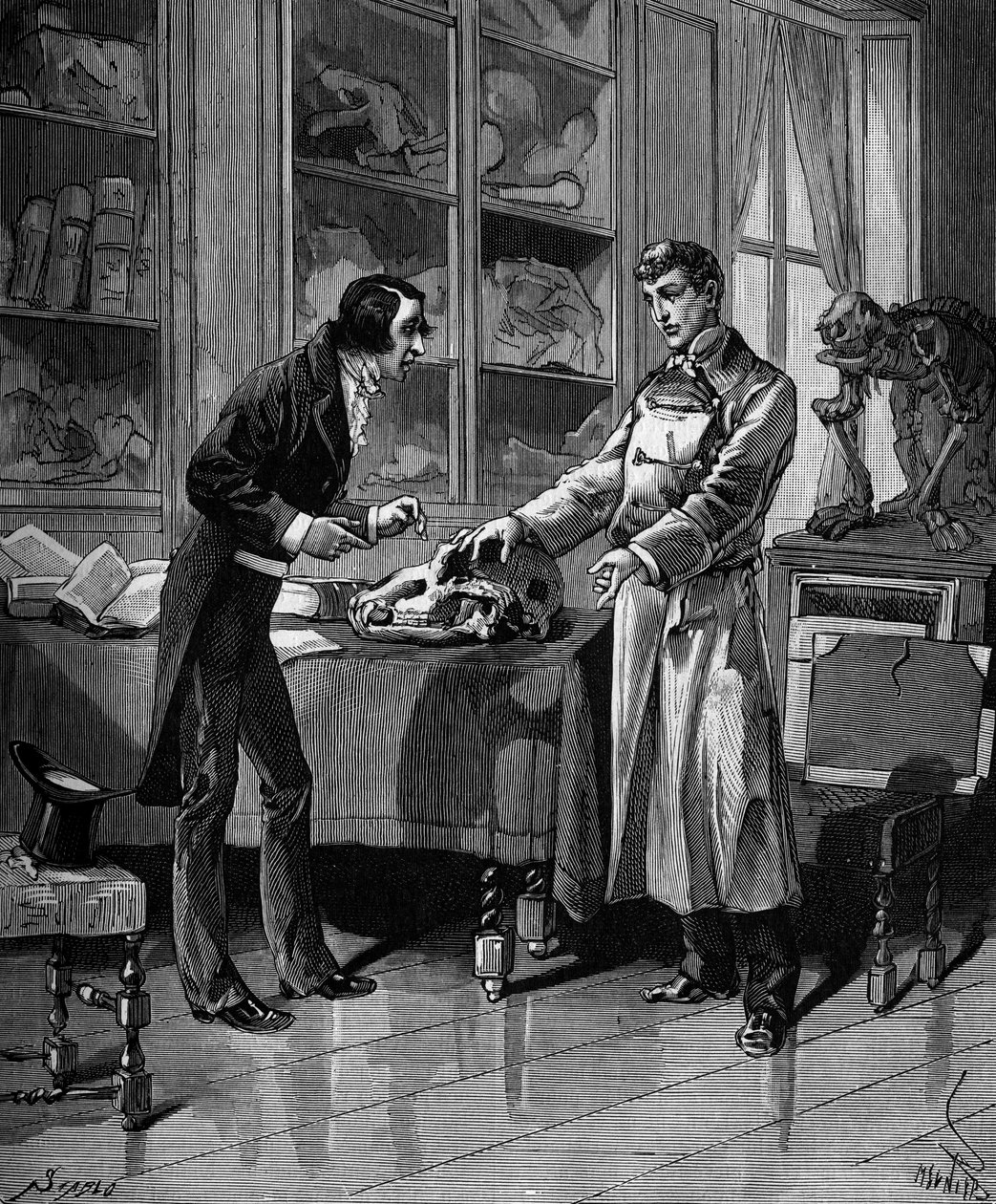 Georges Cuvier (1769-1832), naturalista francês com um jovem estudante. em "Histoire populaire des sciences, inventions et discoveries from the first centuries to the present day" por Bitard Adolphe 1880. de French School