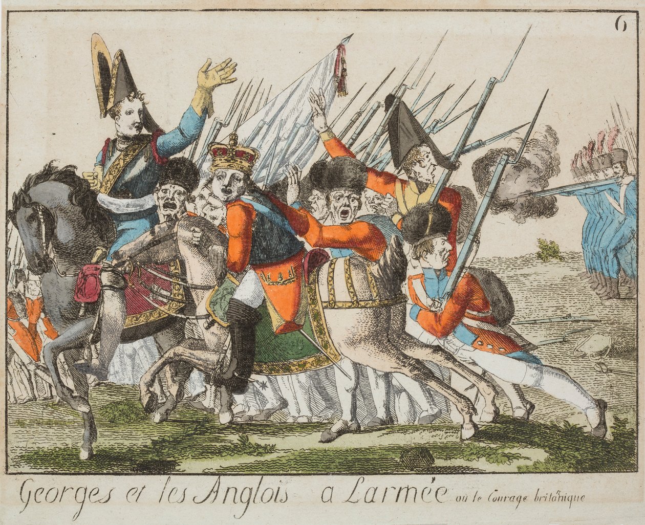 George and the English in the army, c.1803-4 (gravura a cores) de French School