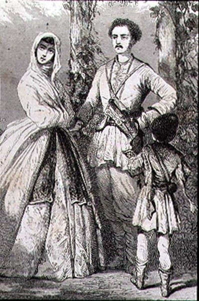 Roupas Georgianas na década de 1860 (gravura) de French School