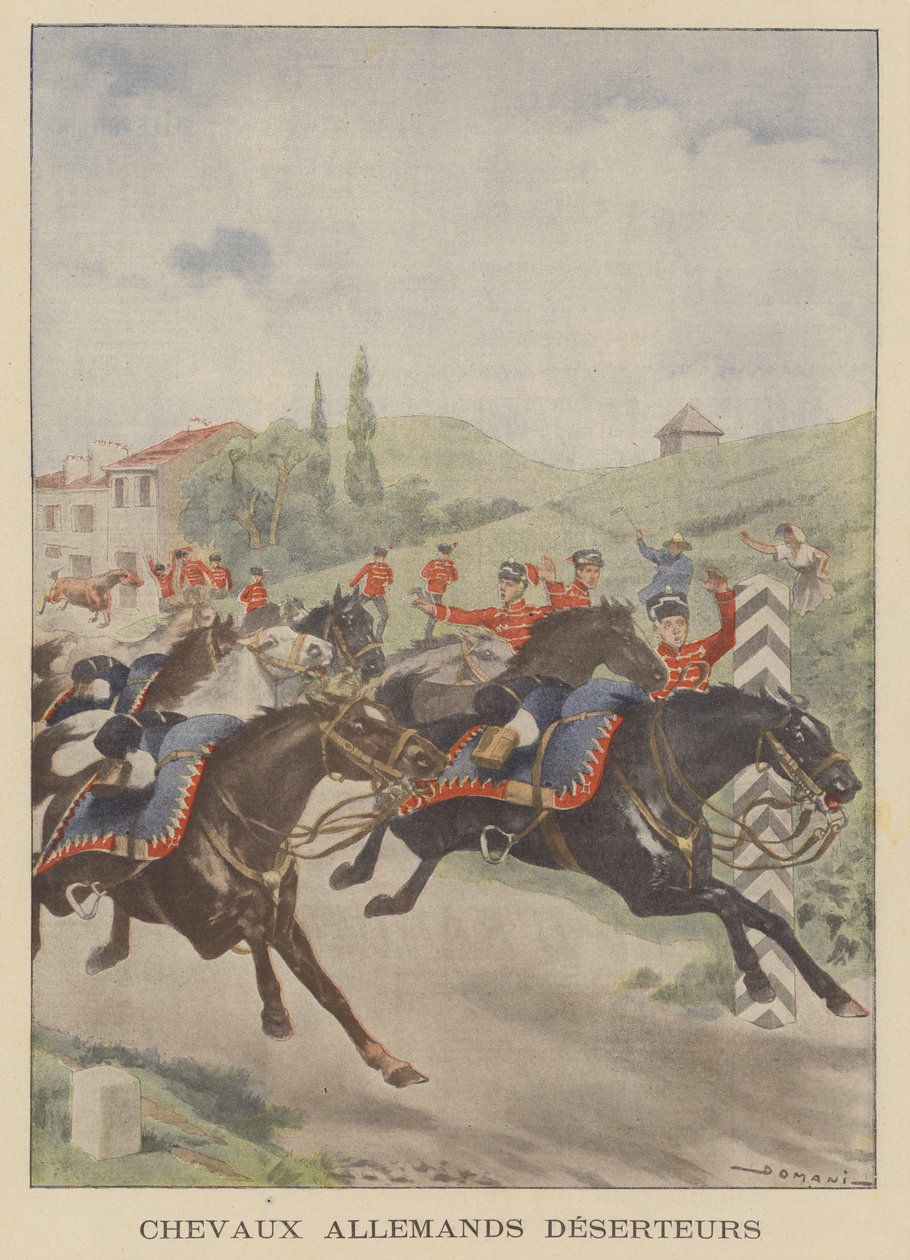 Cavalos do exército alemão a "desertar" na fronteira francesa (litografia a cores) de French School
