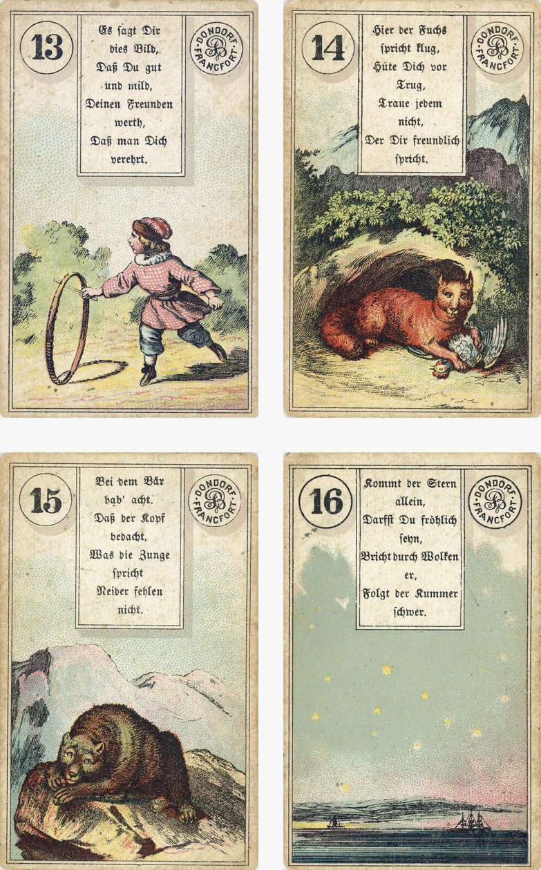 Edição alemã do baralho de cartomancia francês Lenormand: A criança, a raposa, o urso, a estrela, publicado pela Dondorf, Frankfurt, século XIX de French School