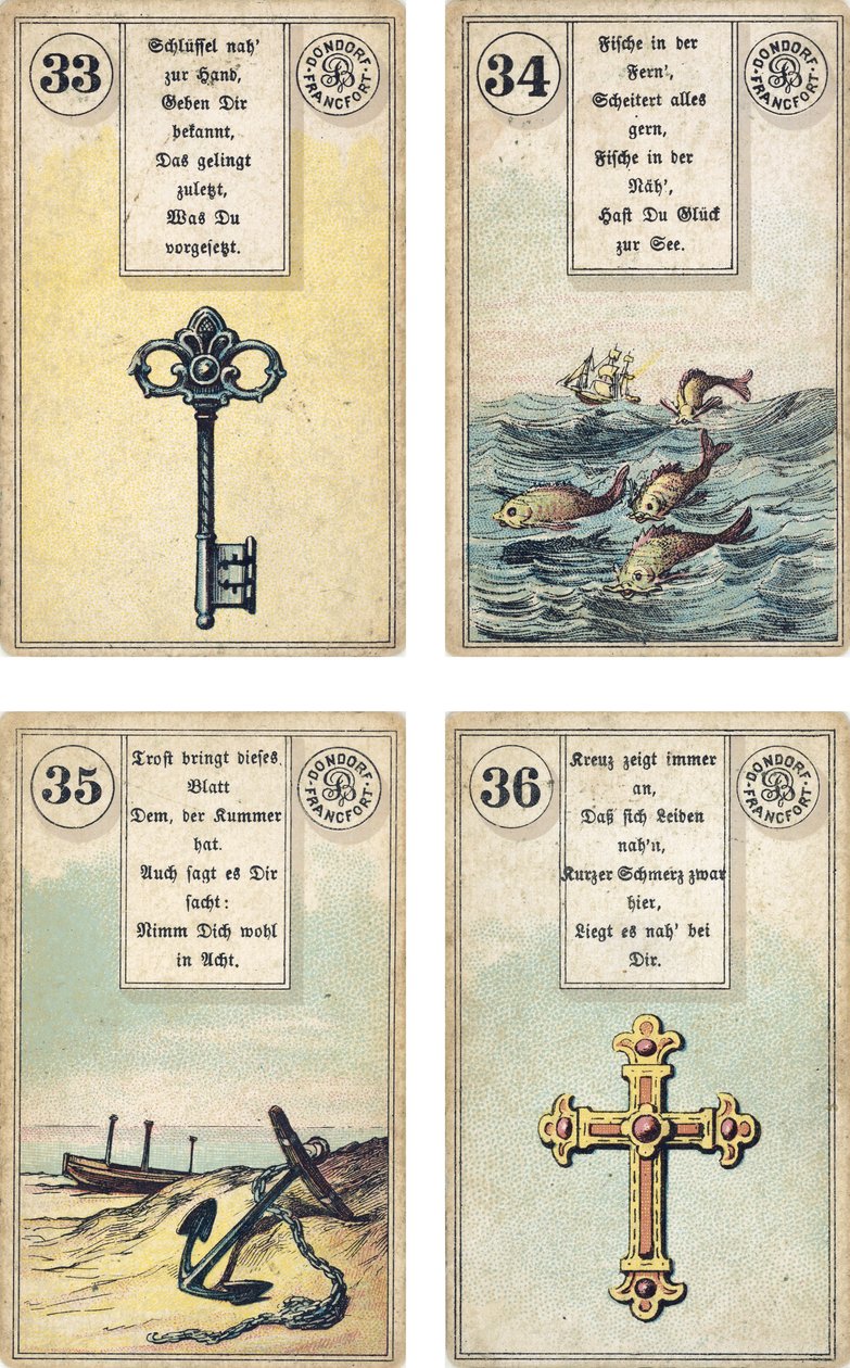 Edição alemã do baralho de cartomancia francês Lenormand: A Chave, O Peixe, A Âncora, A Cruz, publicado pela Dondorf, Frankfurt, Século 19 de French School