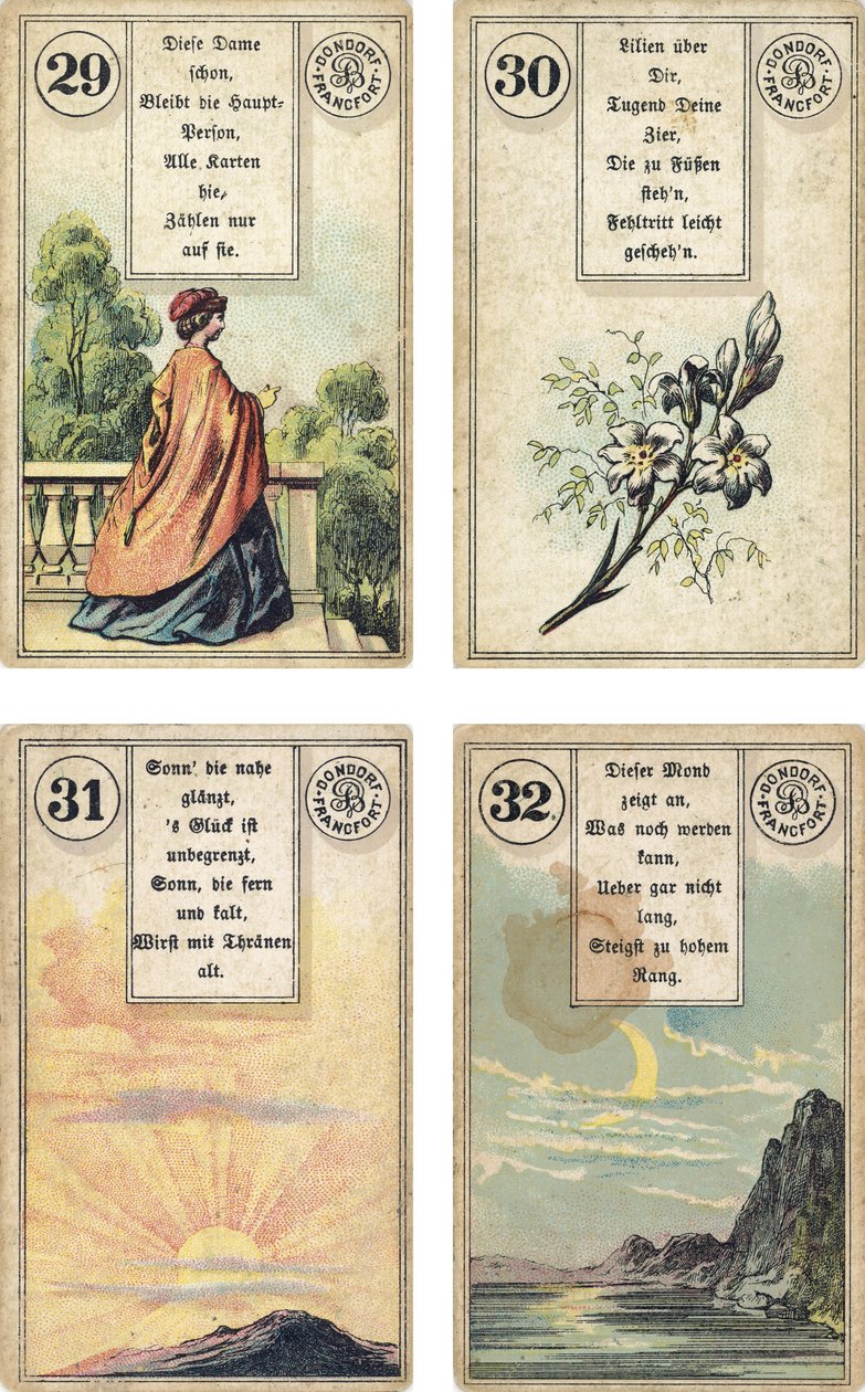 Edição alemã do baralho de cartomancia francês Lenormand: A Dama, Os LíriosO Lírio, O Sol, A Lua, publicado por Dondorf, Frankfurt, Século 19 de French School