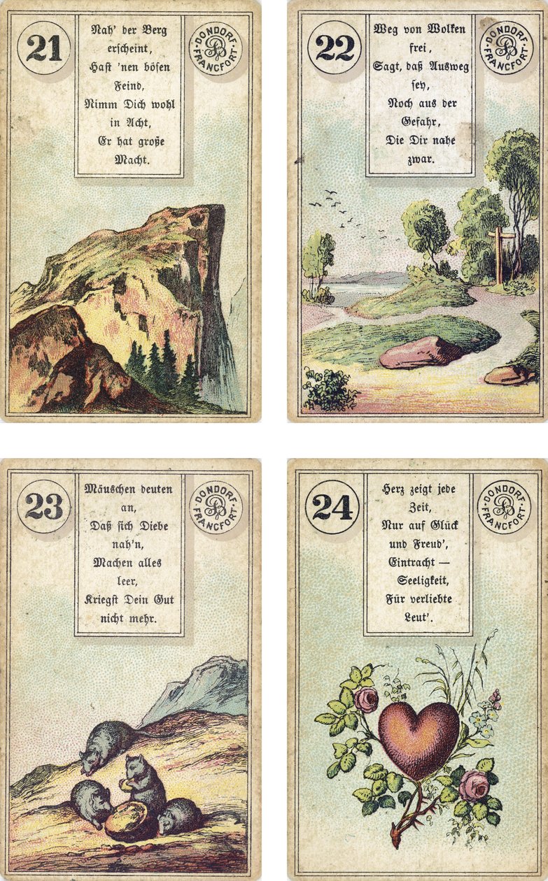 Edição alemã do baralho de cartomancia francês Lenormand: The Mountain, The Road, The Mice, The Heart, publicado por Dondorf, Frankfurt, 19th Century de French School