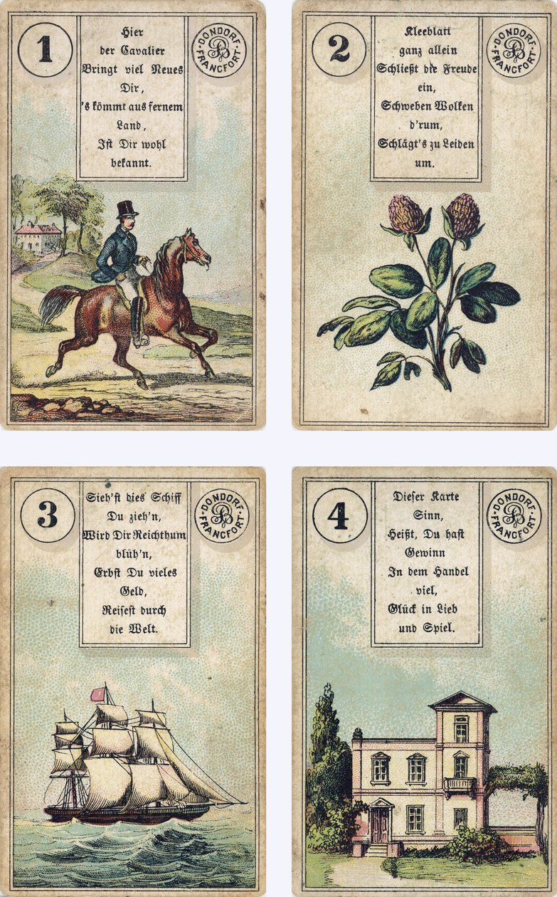 Edição alemã do baralho de cartomancia francês Lenormand: O Cavaleiro, O Trevo, O Navio, A Casa, publicado pela Dondorf, Frankfurt, Século 19 de French School