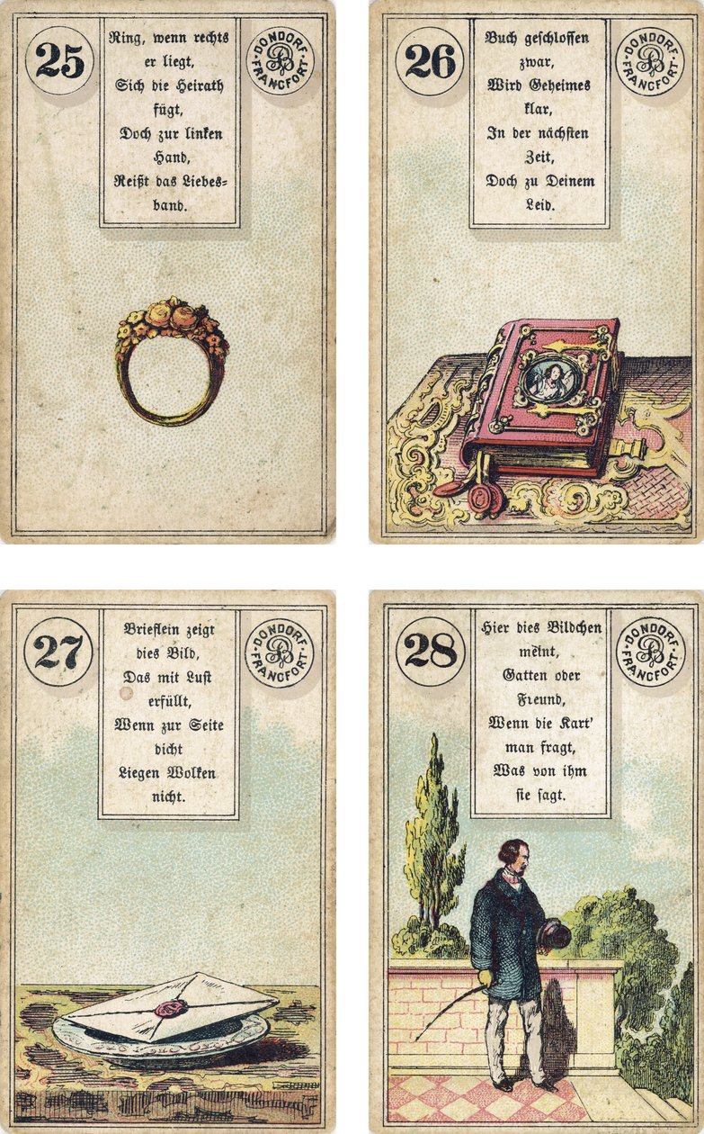 Edição alemã do baralho de cartomancia francês Lenormand: O Anel, O Livro, A Carta, O Cavalheiro, publicado por Dondorf, Frankfurt, Século 19 de French School