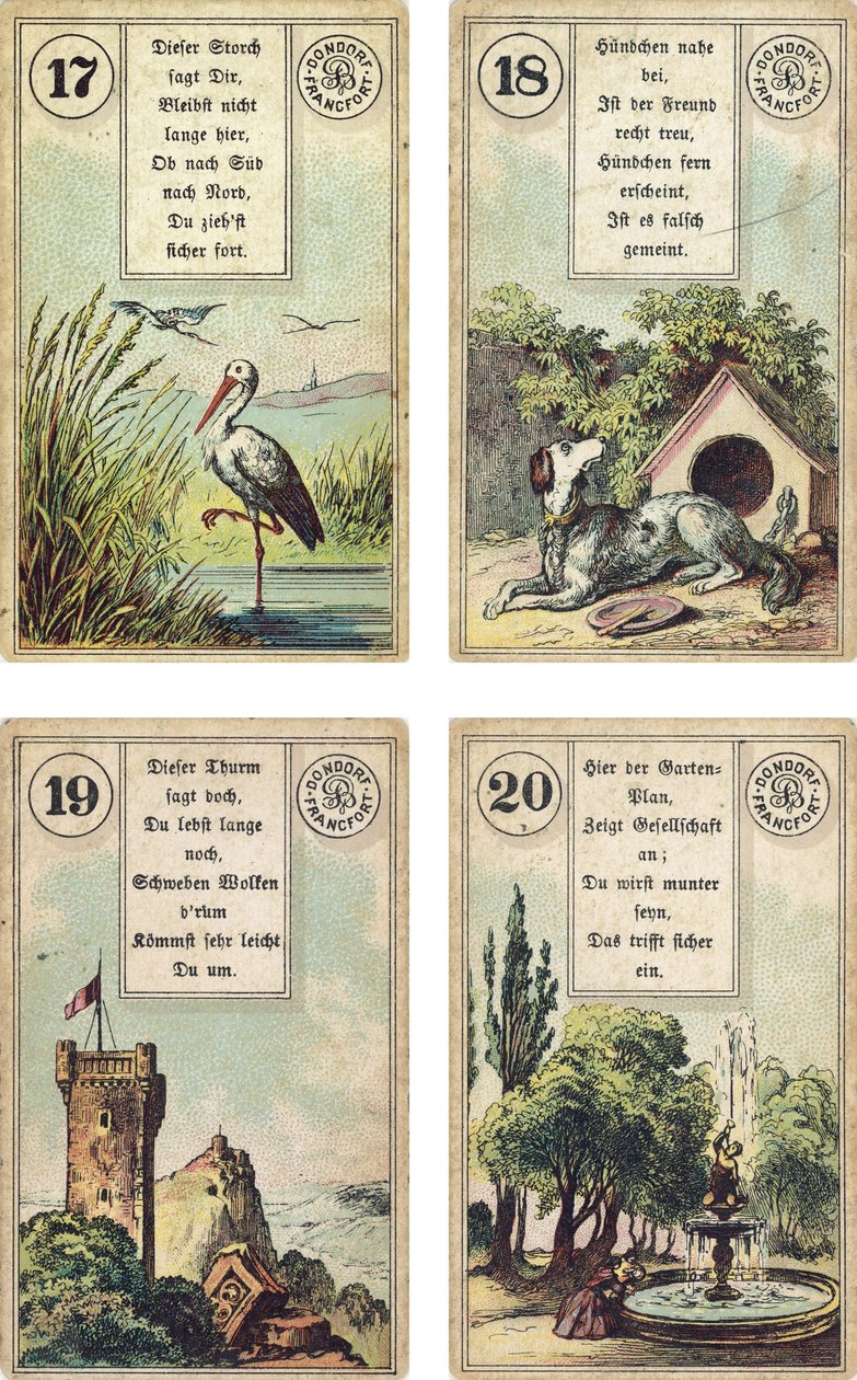 Edição alemã do baralho de cartomantes francês Lenormand: A cegonha, o cachorro, a torre, o jardim, publicado pela Dondorf, Frankfurt, século XIX de French School