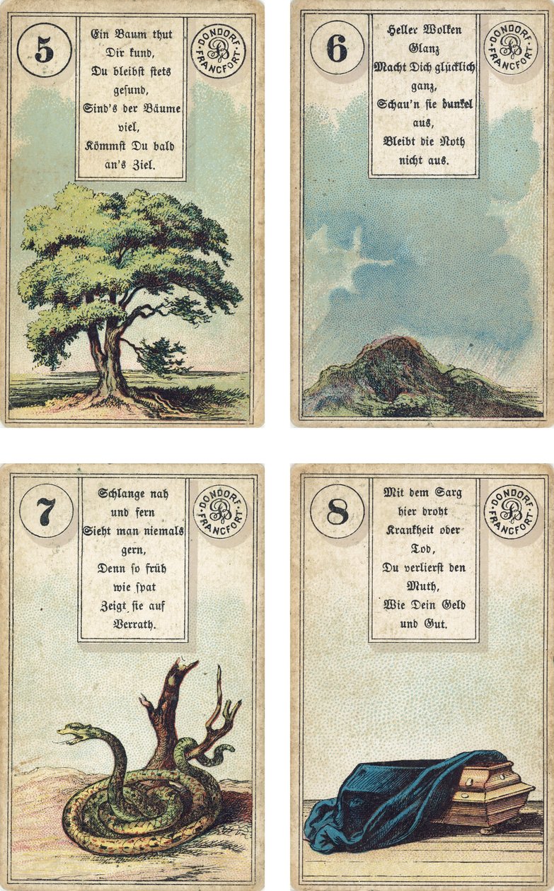 Edição alemã do baralho de cartomantes francês Lenormand: A árvore, as nuvens, a serpente, o caixão, publicado pela Dondorf, Frankfurt, século XIX de French School