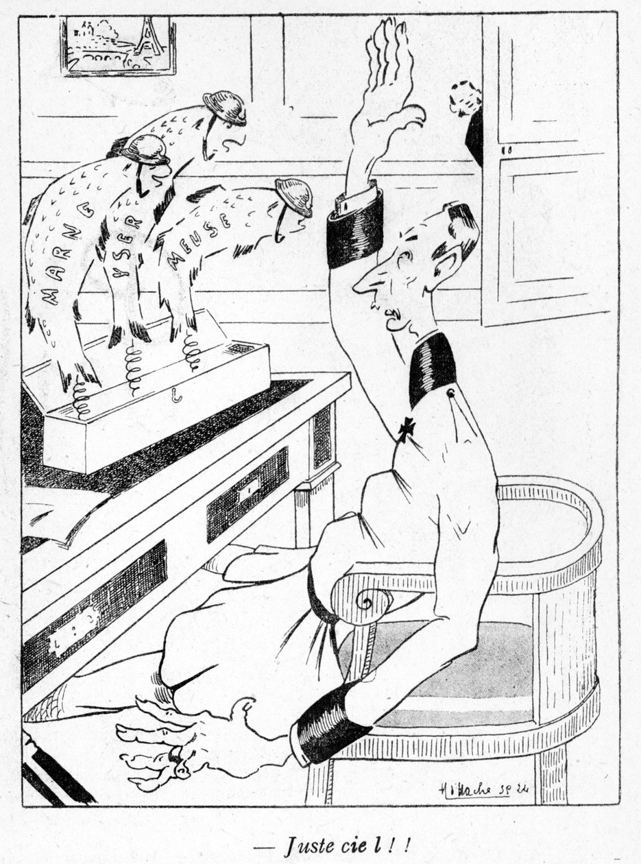 Oficial alemão recebendo três peixes de abril, caricatura da edição de abril da revista La Baionette, em 29 de março de 1917. de French School