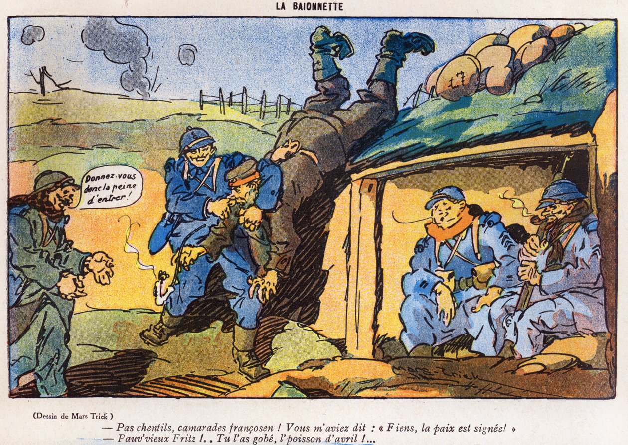 Soldado alemão capturado por soldados franceses como resultado de um truque, desenho animado da edição de abril da revista La Baionette, em 29 de março de 1917. de French School