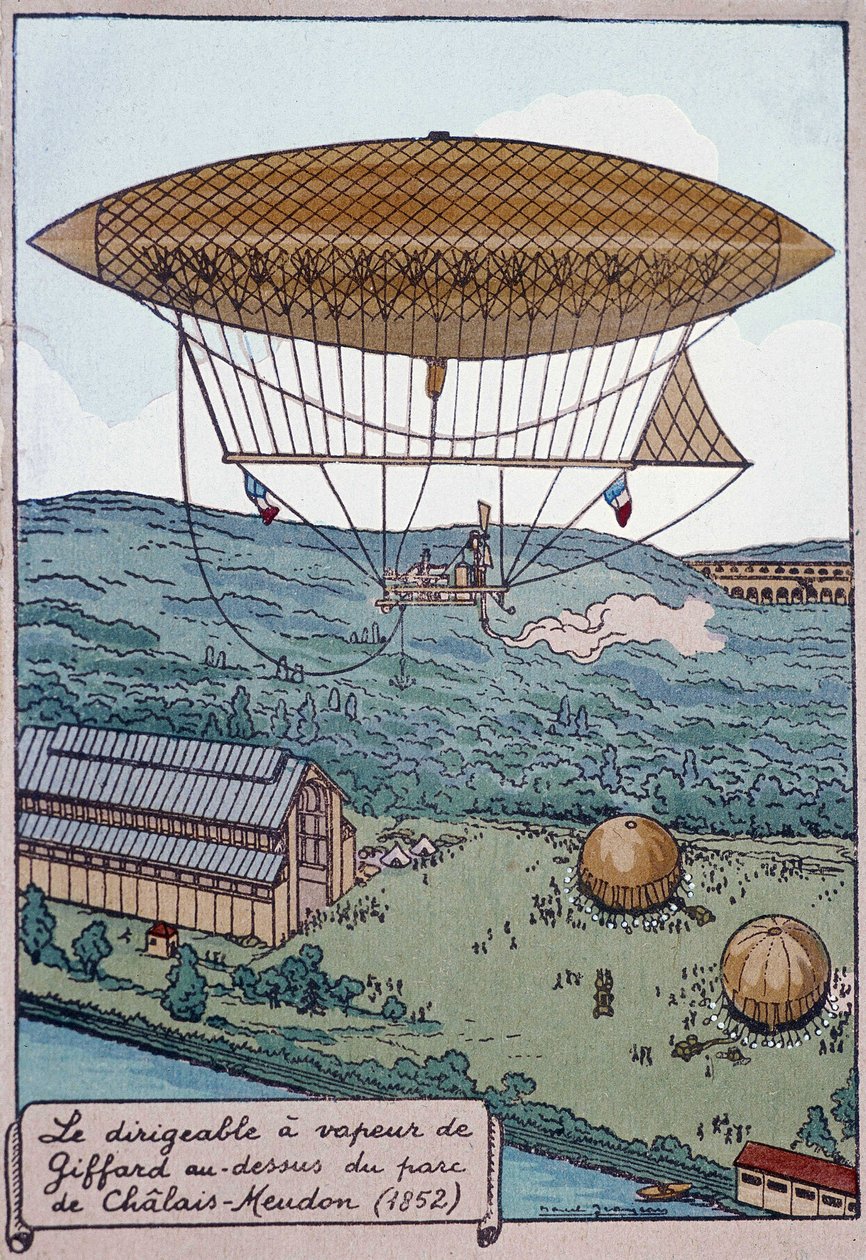 O aerostato de vapor aerável do Giffard sobre o Parque Chalais de French School