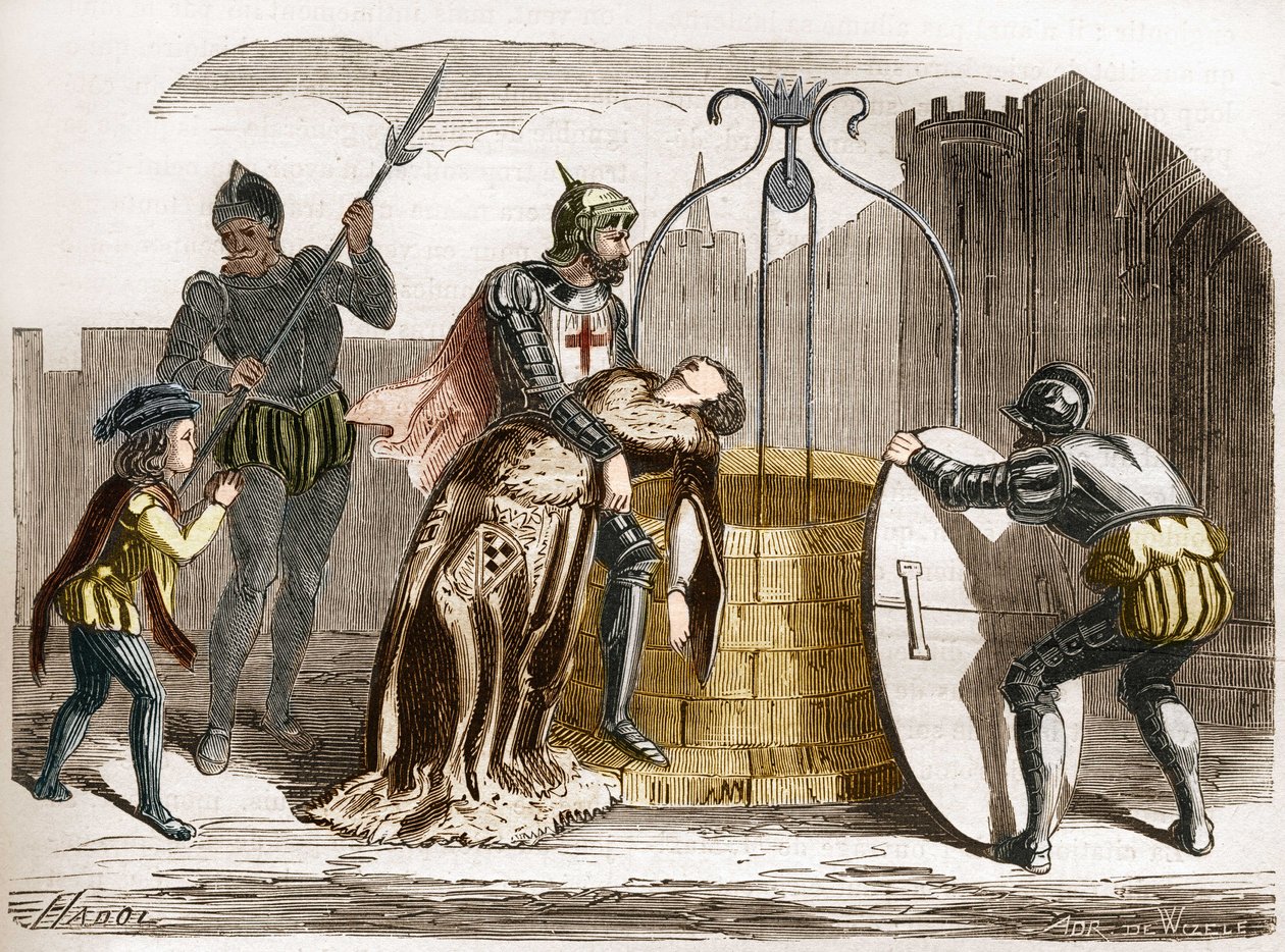 Gilles de Rais (Retz ou Rays) (1404-1440), marechal da França, faz perir a sua esposa. Gravação em "A história da prostituição e do deboche entre todos os povos do mundo desde a antiguidade até os dias de hoje" pelo Dr. Th. -F. Debray. 1879. de French School