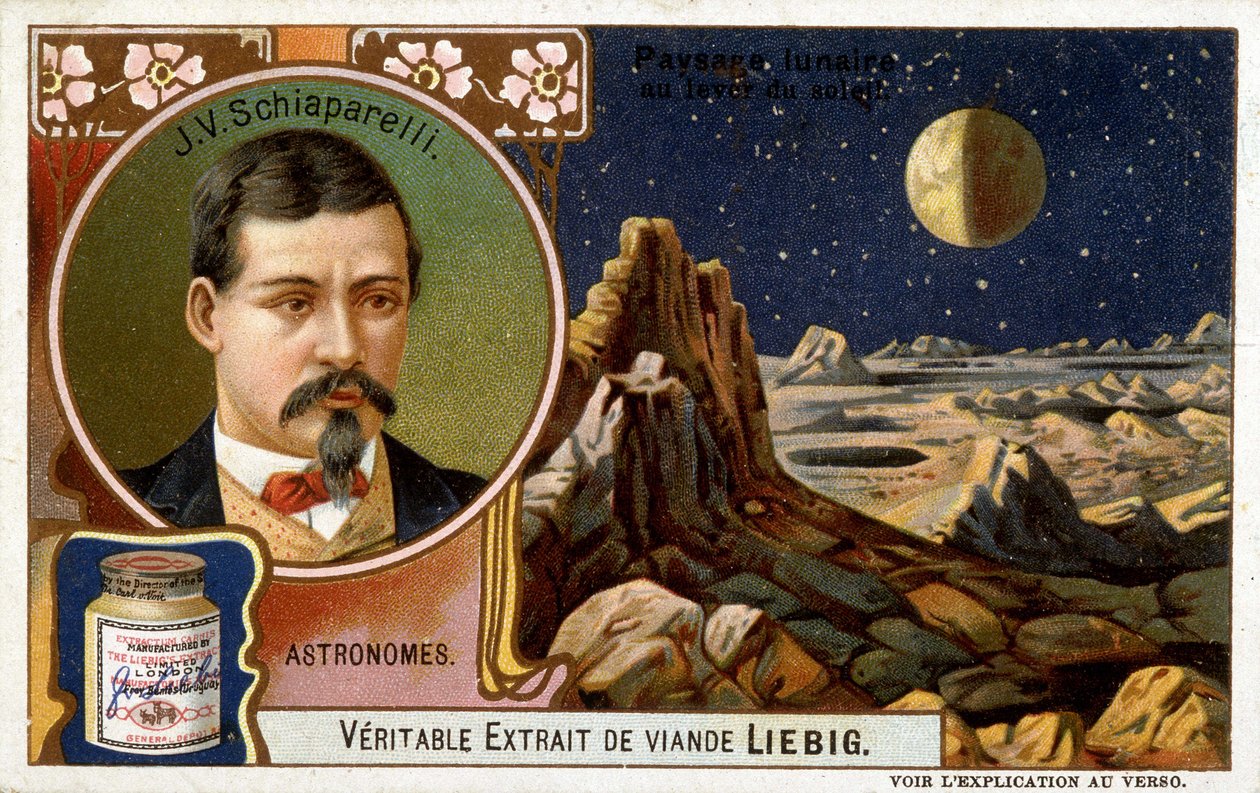 Giovanni Virginio Schiaparelli (1835-1910), astrónomo italiano e paisagens lunares - cromolitografia Liébig, c. 1900 de French School