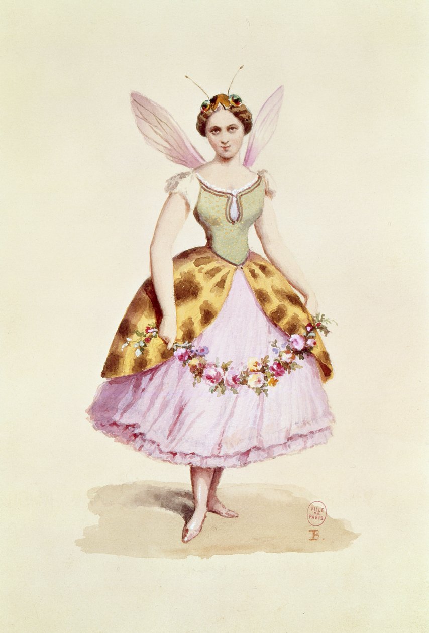 Garota com uma fantasia de abelha, o emblema de Bonaparte, usado em uma festa de fantasia dada por Napoleão III e Imperatriz Eugenie, 9 de fevereiro de 1863 (wc no papel) de French School