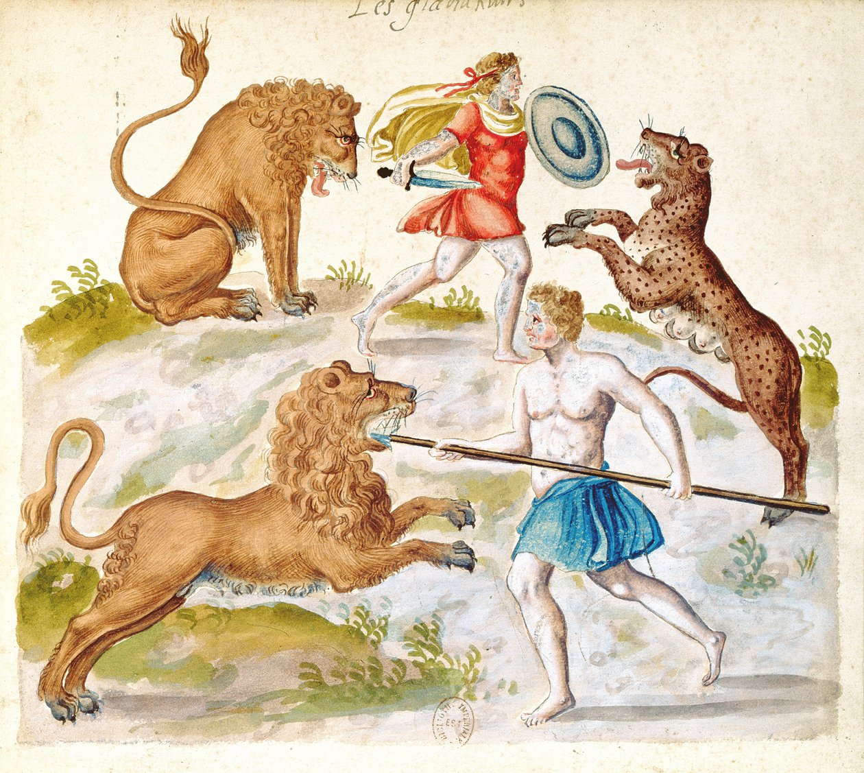 Gladiadores lutando com animais (wc no papel) de French School