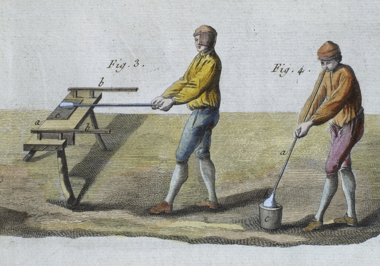 Glassblowing, detalhe, ilustração da enciclopédia das ciências e dos Metiers por Denis Diderot (1713-84) gravado por Robert Benard (fl.1734) publicou c.1770 (gravura da cor) (veja igualmente 326118) de French School