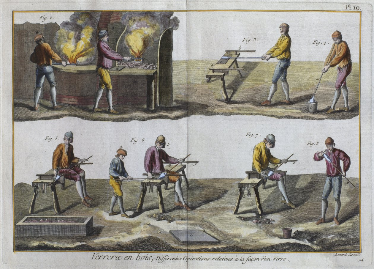 Glassblowing, ilustração da enciclopédia de Ciências e Metiers por Denis Diderot (1713-84) gravada por Robert Benard (fl.1734) publicado c.1770 (gravura a cores) (ver também 326119) de French School