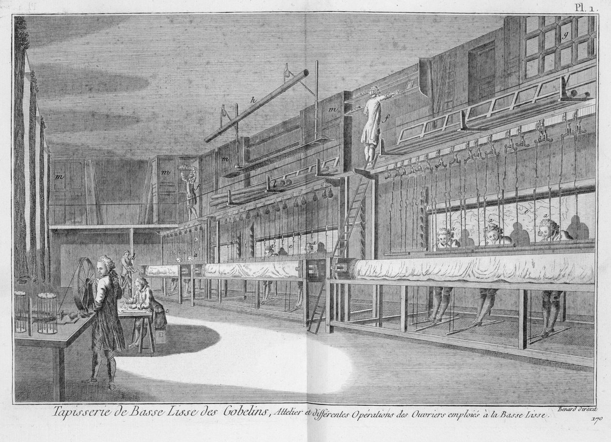 Oficinas de Gobelin, da Enciclopédia de Denis Diderot (1713-84), gravada por Robert Benard (n.1734), publicada em c.1770 de French School